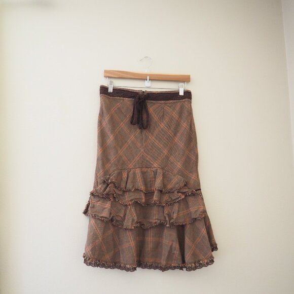 Free People Brown Tartan Plaid Lace Trim Skirt sz 4 - Picture 5 of 8